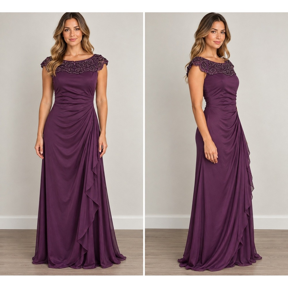 MSK Plum Purple Beaded Neckline Ruched Formal Evening Gown Dress Size 10
